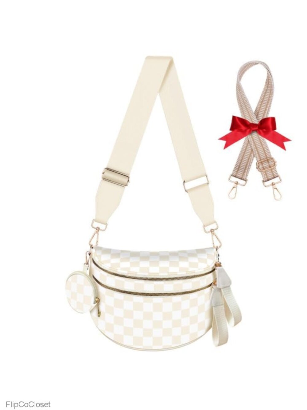 Nylon Checkered Crossbody Bum Bag with Expandable Bottom